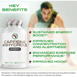 Nutriodol® Caffeine Pills 200Mg 180 Tablets | Energy Boost & Exercise Support Pre Workout | Improve Focus & Alertness | Vegan EU Made | GMP Approved