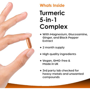 Turmeric 5-In-1 Complex - 5000Mg Turmeric Capsules High Strength Enriched with Magnesium & Glucosamine Sulphate - Added Ginger Capsules + Black Pepper, 95% Curcumin Supplement - Vegan Supplement
