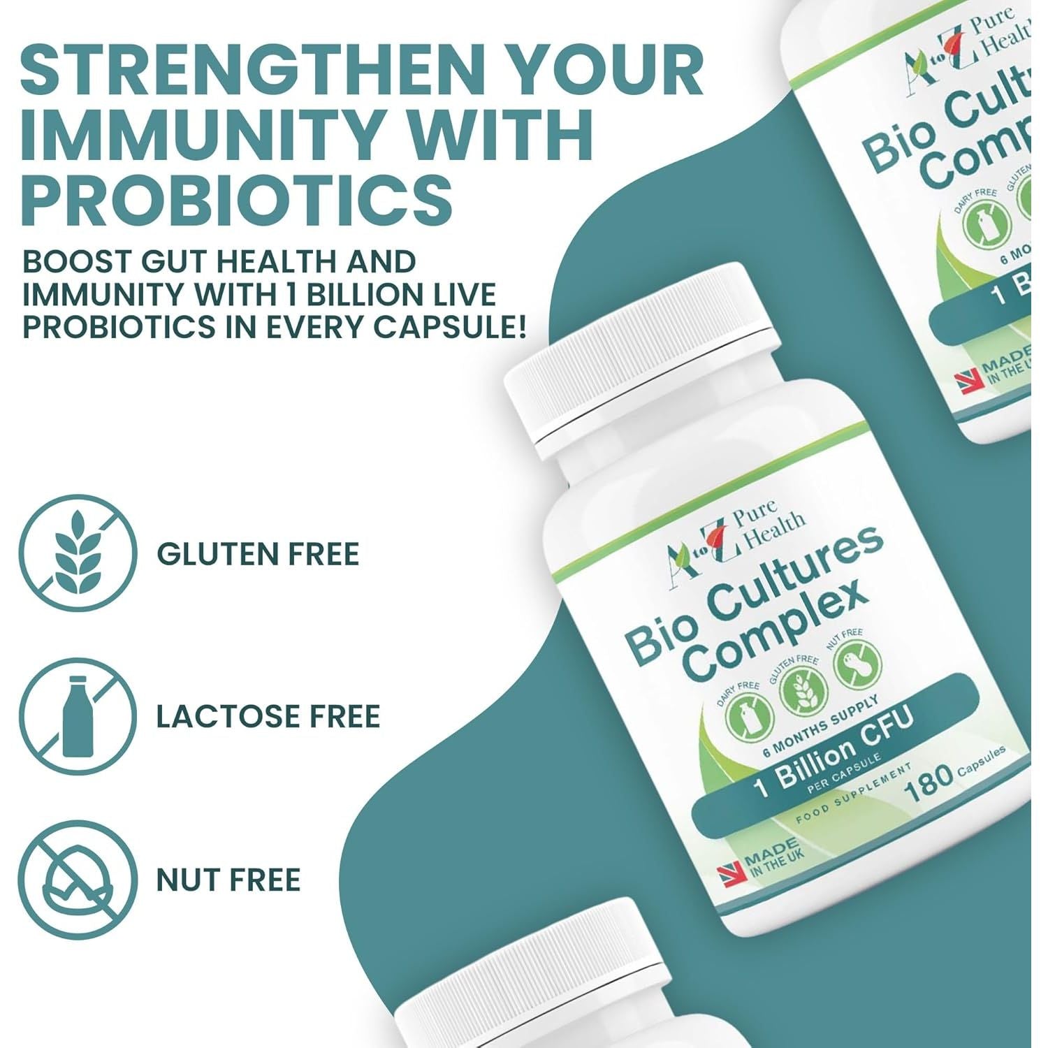 Premium Bio Cultures Complex 180 Capsules (6 Month’S Supply) | High Strength Probiotic | Vegan Multi Strain Probiotic | Lactobacillus Acidophilus & Bifidobacterium | Supports Digestive Health