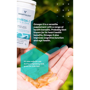 Vegetology, Vegan Omega 3 Capsules High Strength, 800Mg of EPA DHA from Algae Oil, with Added Vitamin D3, Supports Heart, Brain Function and Eye Health, 60 Capsules, UK Made
