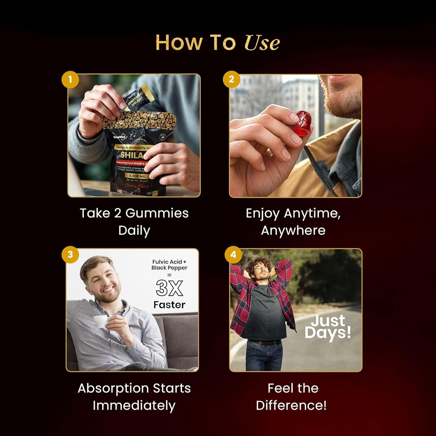 Beepwell Shilajit Gummies – Enhanced Strength Gummies for Overall Wellness, Naturally Sweetened Vegan Gummies – Natural and Pure – 60 Gummies – Cherry Flavored