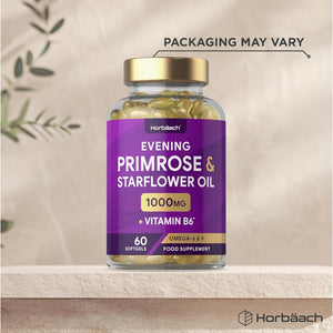 Evening Primrose and Starflower Oil Capsules 1000Mg | with Vitamin B6 | 60 Softgels | Rich Source of Omega 6 GLA & 9 Oleic Fatty Acids | by Horbaach