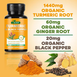 Turmeric and Black Pepper Supplement 1440Mg –Organic Turmeric with Ginger Root |60 Softgel Capsules for Joint Support, Inflammation Relief & Digestive Health |High Absorption Formula with MCT Oil