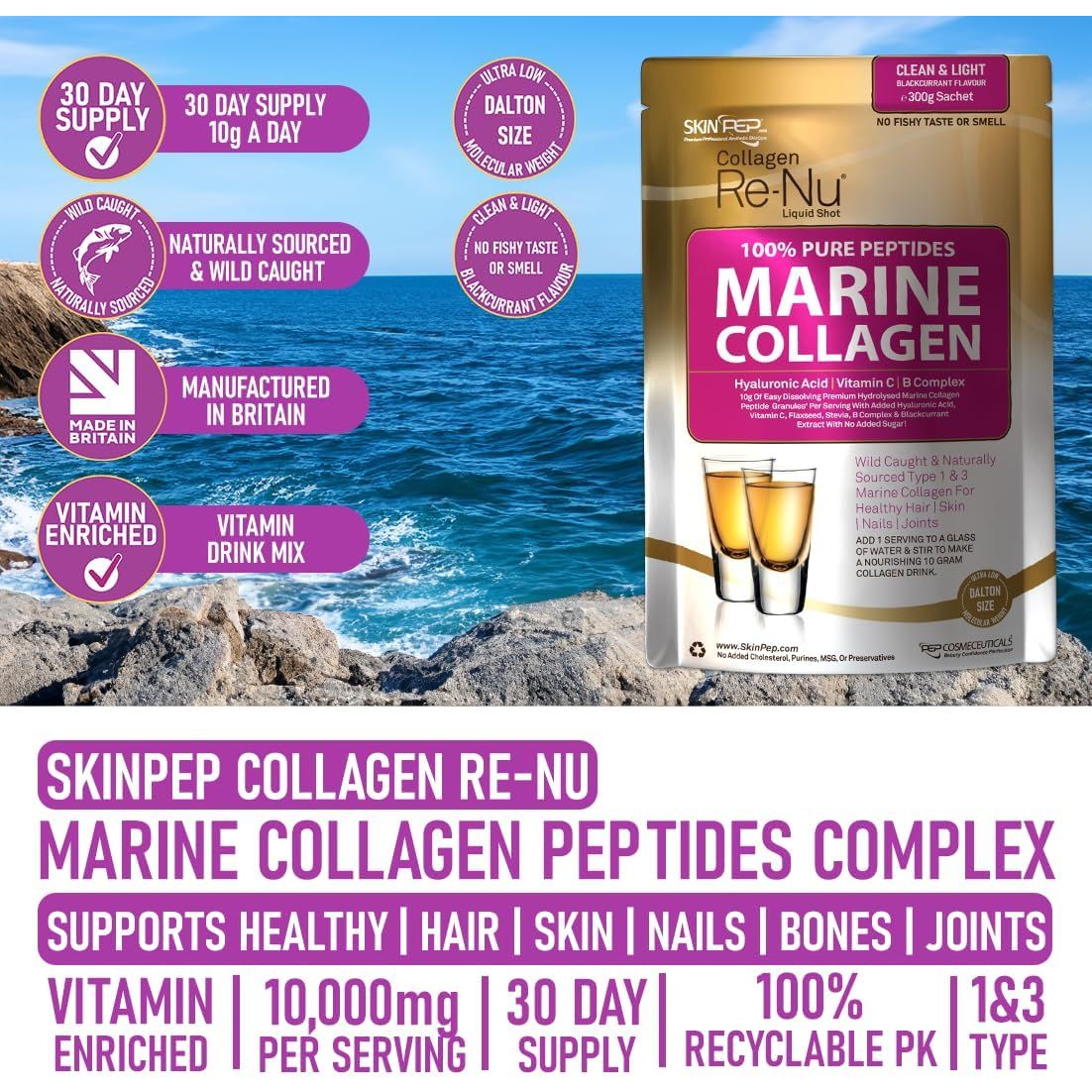 Premium Hydrolysed Marine Collagen Peptide Powder + VIT C, B Complex Hyaluronic Acid, & Stevia. Clean Light Taste/No Fishy Smell - Skinpep Collagen Re-Nu 300G - 30 Days Supply