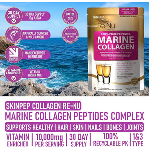 Premium Hydrolysed Marine Collagen Peptide Powder + VIT C, B Complex Hyaluronic Acid, & Stevia. Clean Light Taste/No Fishy Smell - Skinpep Collagen Re-Nu 300G - 30 Days Supply