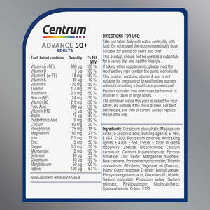 Centrum Advance 50+ Tablets Multivitamin & Mineral Supplements, with 24 Essential Nutrients, Including Vitamin D, C, Zinc, 60 Ct