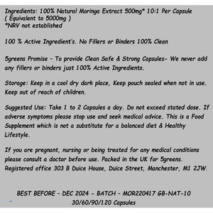 Moringa Oleifera | 120 Capsules High Strength Extract 500Mg 10:1 Equivalent to 5000Mg | Vegan & Vegetarian 5Greens