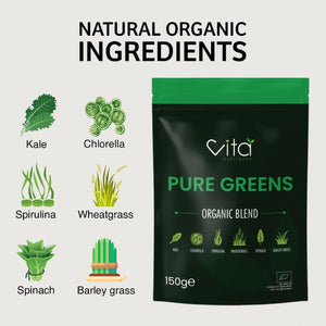 Pure Greens Superfood Powder 150G - Premium Organic Blend of 6 Plant Based Super Greens - Vegan & Gluten Free - Vitamin Fibre & Mineral Rich Formula - Made in the UK