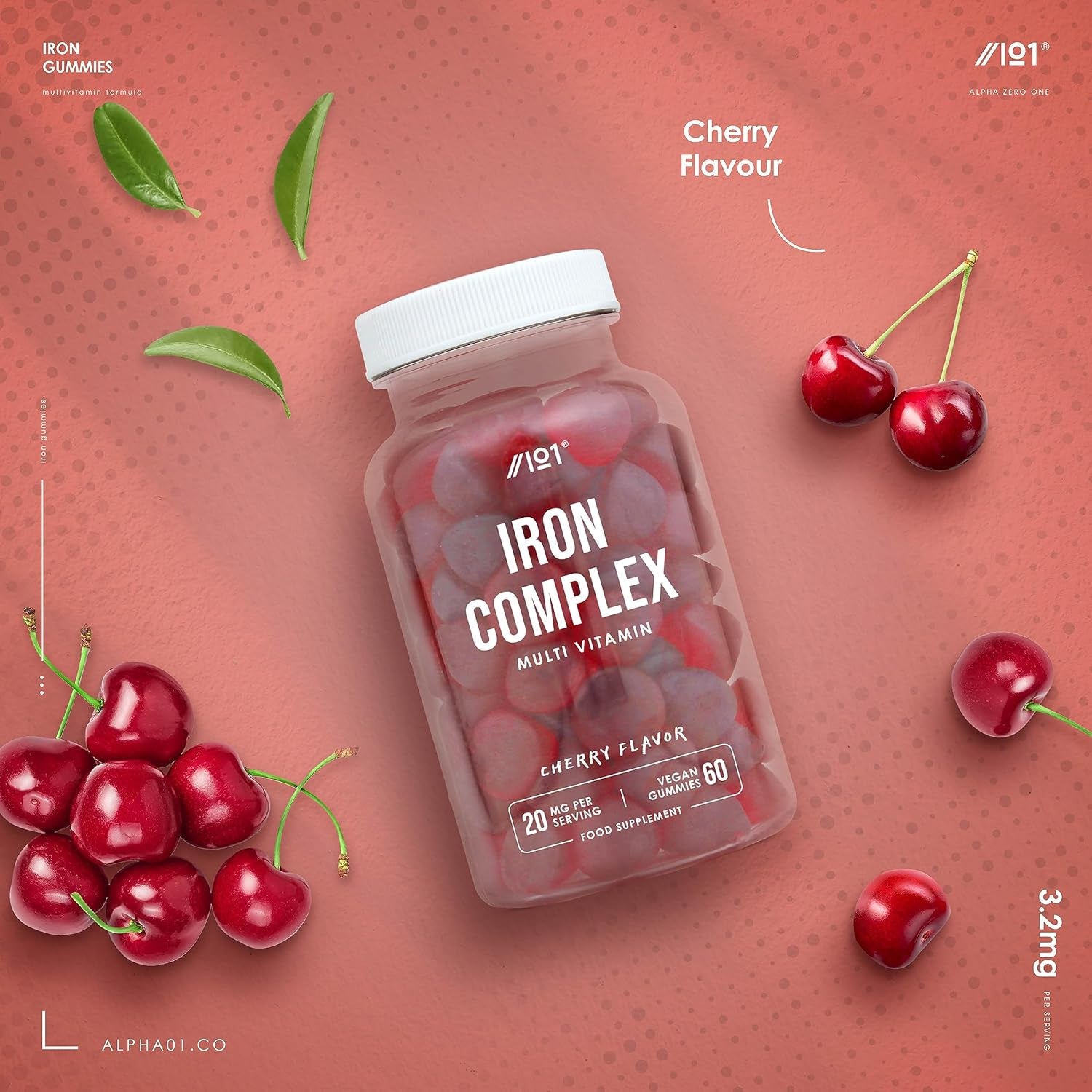 Iron 28Mg Gummies with Vitamin C, Niacin, Vitamin B6, B5, B12, Folic Acid & Biotin – 60 Vegan Gummies – Tapioca Base – Cherry Flavour – by Alpha01