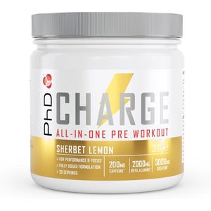 Phd Charge, All in One Pre Workout Powder with Creatine for Women and Men, Rich in Beta Alanine, High Caffeine for Pre-Workout, Sherbert Lemon Flavour, 20 Servings per 300G Bottle