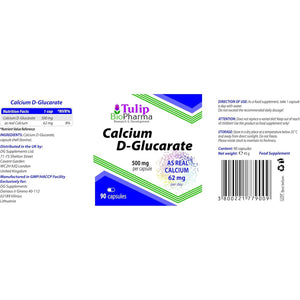Tulip Biopharma Calcium D-Glucarate 500Mg 90 Capsules, 3Rd Party Lab Tested, High Strength Supplement, No Fillers or Bulkers, Gluten and GMO Free
