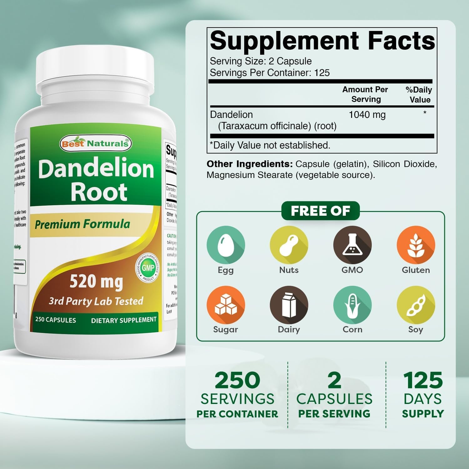 Best Naturals Dandelion Root 520 Mg 250 Capsules
