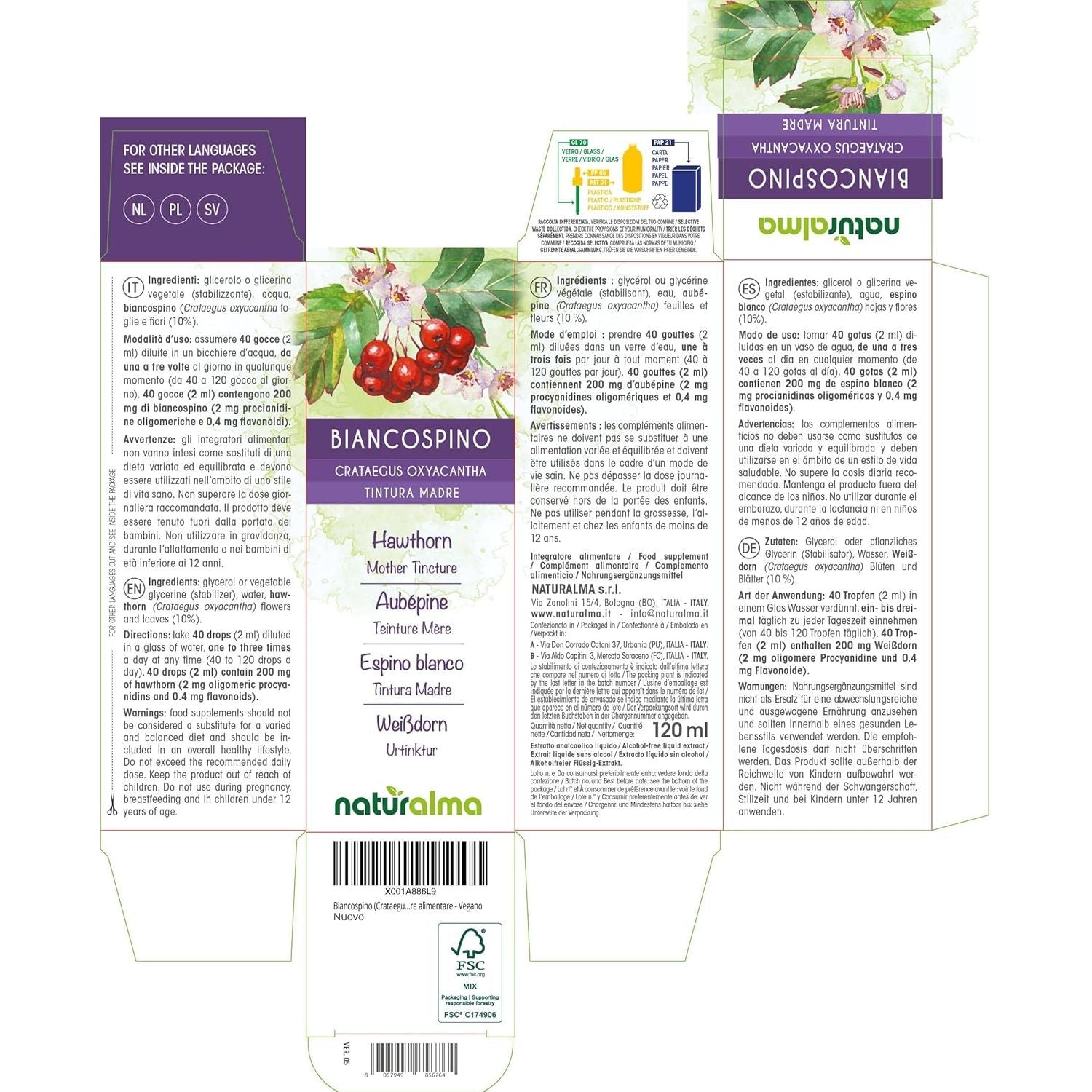 Hawthorn (Crataegus Oxyacantha) Flowers and Leaves Alcohol-Free Mother Tincture Naturalma - Liquid Extract Drops 120 Ml - Food Supplement - Vegan