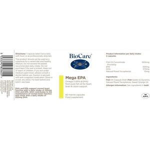 Biocare - Mega EPA - Pure Fish Oil with Omega-3 Fatty Acids, EPA & DHA - Marine Capsules for Heart, Brain & Vision Support - 90 Capsules