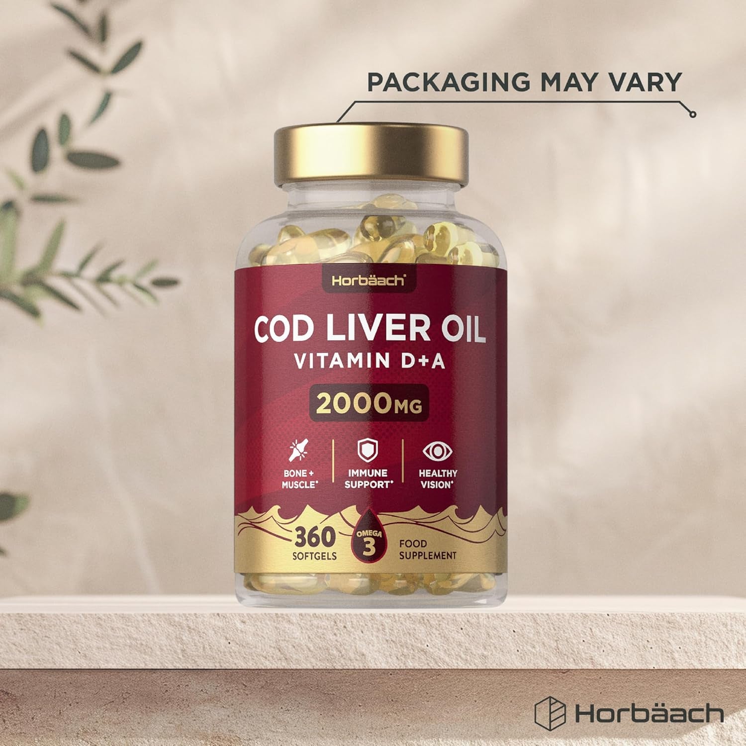 Cod Liver Oil Capsules High Strength | 2000Mg | 360 Count | with Omega 3, Vitamin D and a | with 171Mg of DHA and 151Mg of EPA | Rich in Omega 3 Fatty Acids | by Horbaach