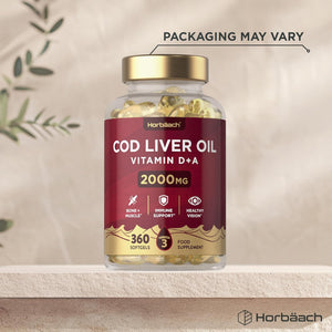 Cod Liver Oil Capsules High Strength | 2000Mg | 360 Count | with Omega 3, Vitamin D and a | with 171Mg of DHA and 151Mg of EPA | Rich in Omega 3 Fatty Acids | by Horbaach