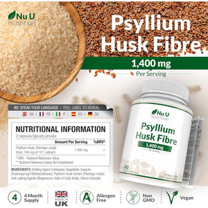 Psyllium Husk Fibre Supplement - 1400Mg per Serving - 240 Vegan Capsules - Natural Soluble Prebiotic Fiber from Plantago Ovata Seeds - Made in the UK - Nu U Nutrition