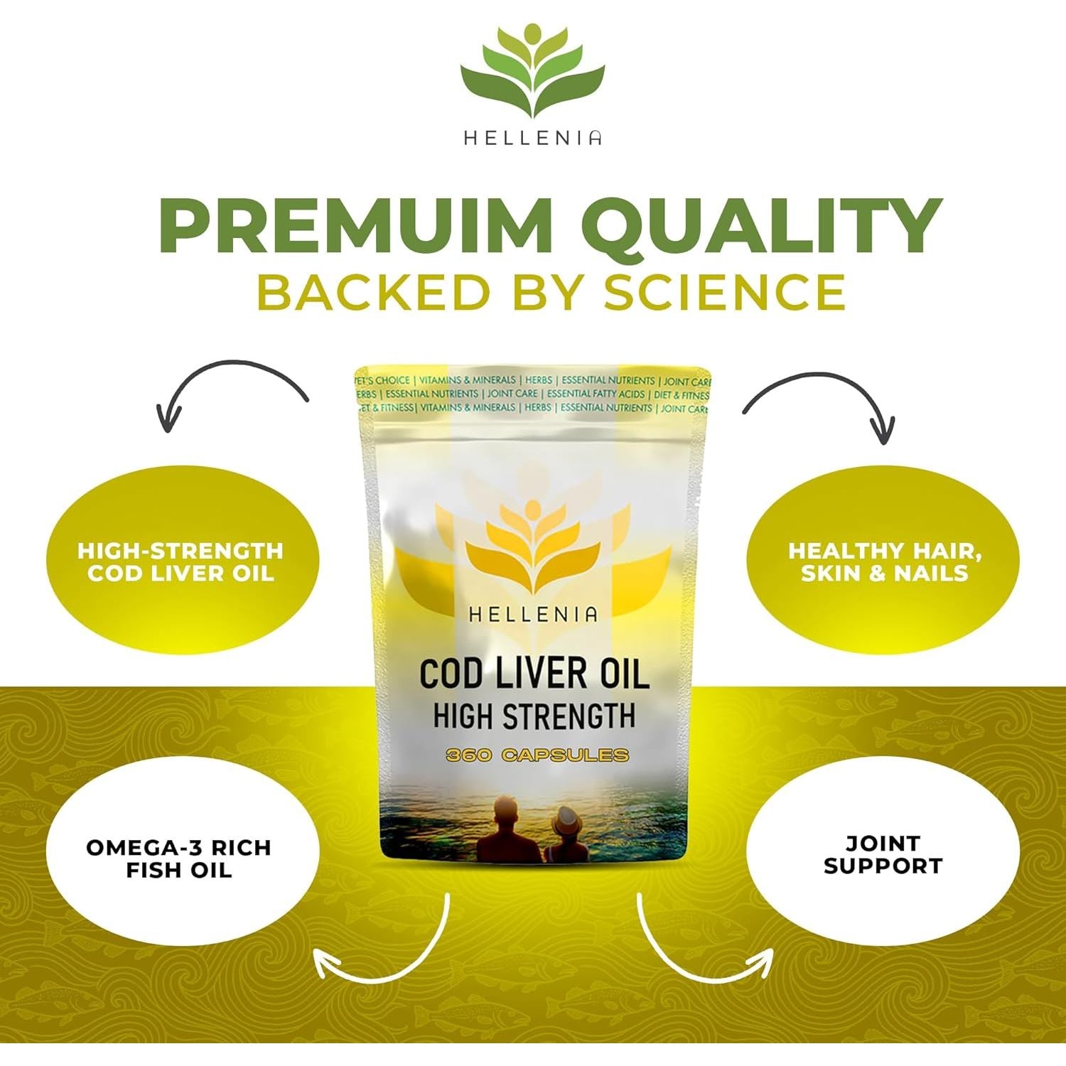 Cod Liver Oil Capsules High Strength 1000Mg | 360 Fish Oil Capsules UK Made - 1 Year Supply | Rich Source of Omega 3 Essential Fatty Acids | High EPA DHA | Gluten Free - Made in the UK for Hellenia