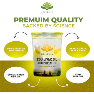 Cod Liver Oil Capsules High Strength 1000Mg | 360 Fish Oil Capsules UK Made - 1 Year Supply | Rich Source of Omega 3 Essential Fatty Acids | High EPA DHA | Gluten Free - Made in the UK for Hellenia