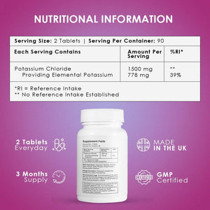Ambrosial Potassium Chloride 1500Mg – High Strength Potassium Supplement | Made in UK | Gluten Free, Non-Gmo | 180 Tablets