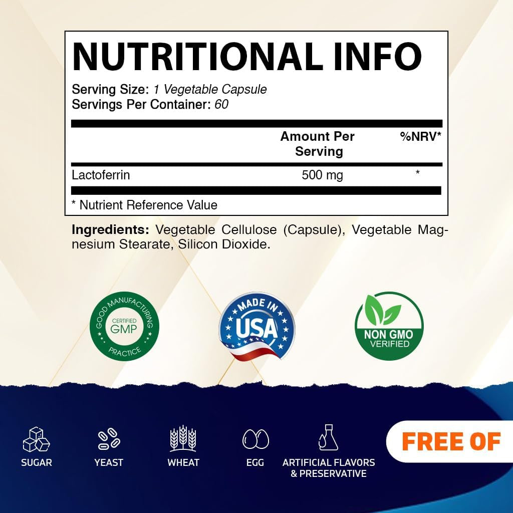 Vitamatic Lactoferrin 500Mg (Apolactoferrin), 60 Vegetable Capsules - Promotes Healthy Immune Function*