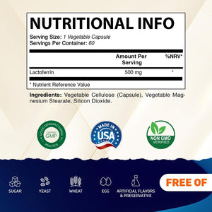 Vitamatic Lactoferrin 500Mg (Apolactoferrin), 60 Vegetable Capsules - Promotes Healthy Immune Function*