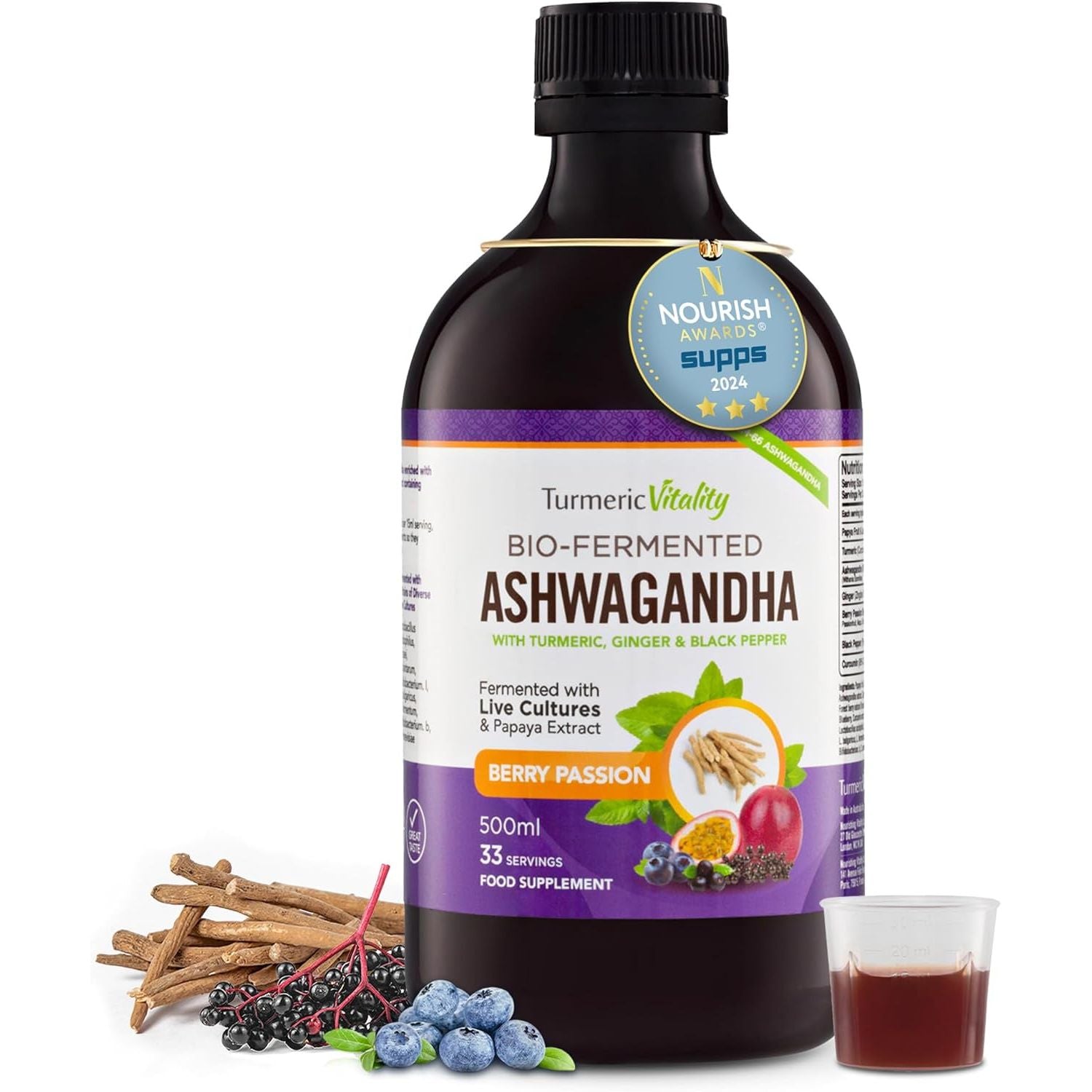 Ashwagandha KSM-66 Liquid Bio-Fermented with Turmeric, Probiotics & Digestive Enzymes for Stress, Mood & Gut Health - Natural Berry Passion Flavour