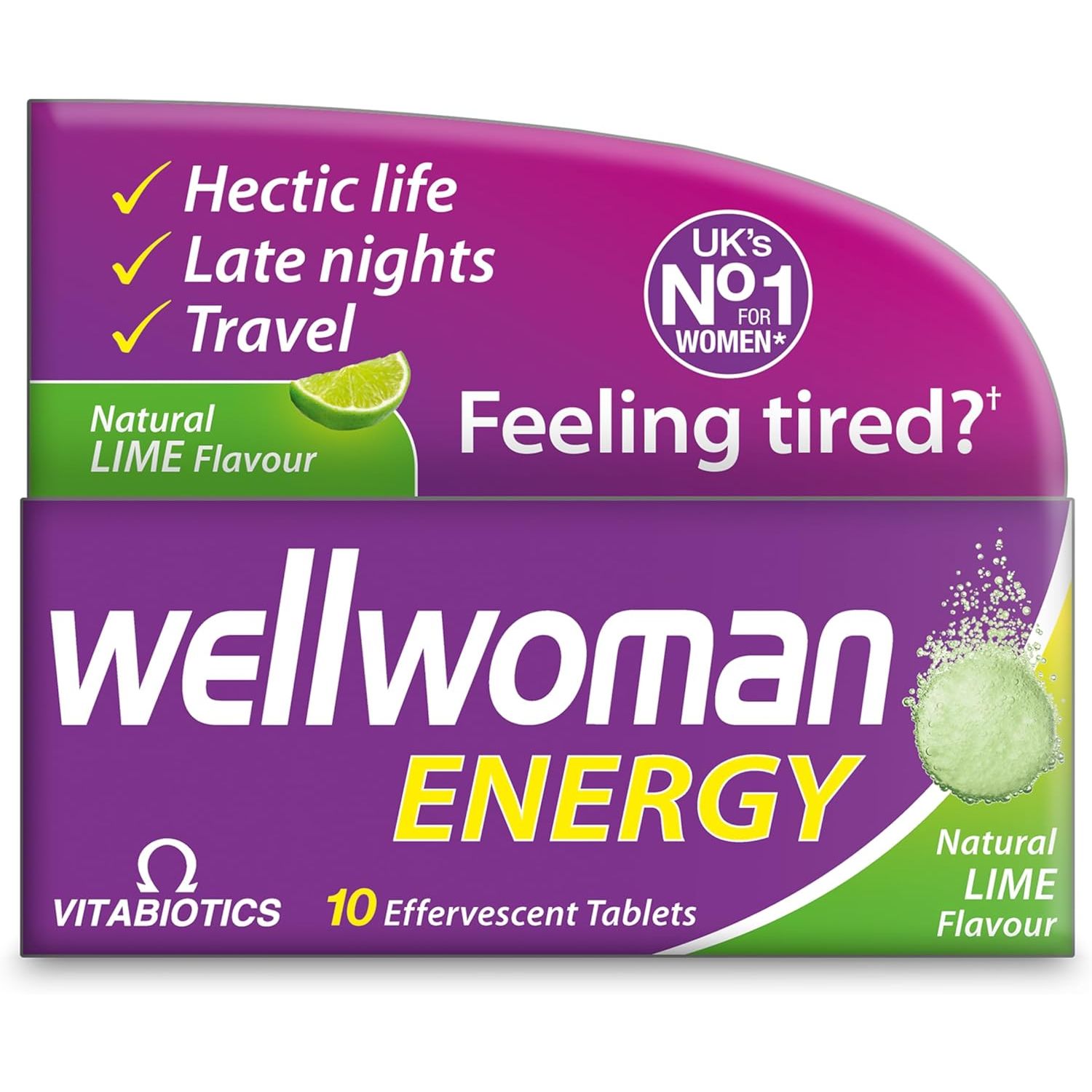 Wellwoman Energy Lime - 10 Dissolving Multivitamins Effervescent Tablets for Woman, Natural Lime Flavour