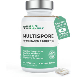 Multispore® plus Probiotics, 4 Month Supply - 120 Capsules, Bacillus Coagulans & Bacillus Subtilis Spore Based Probiotic, Bloating Relief/Gut Health, with Digestive Enzymes & Prebiotic Inulin, UK Made