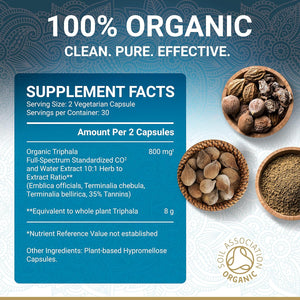 Organic Triphala Capsules - Certified Organic by Soil Association | Potency Due to Natural Fusion Extract | 100% Natural Supplement | Vegan & Vegetarian Friendly | Ayurveda | 60 Tablets | Made in UK