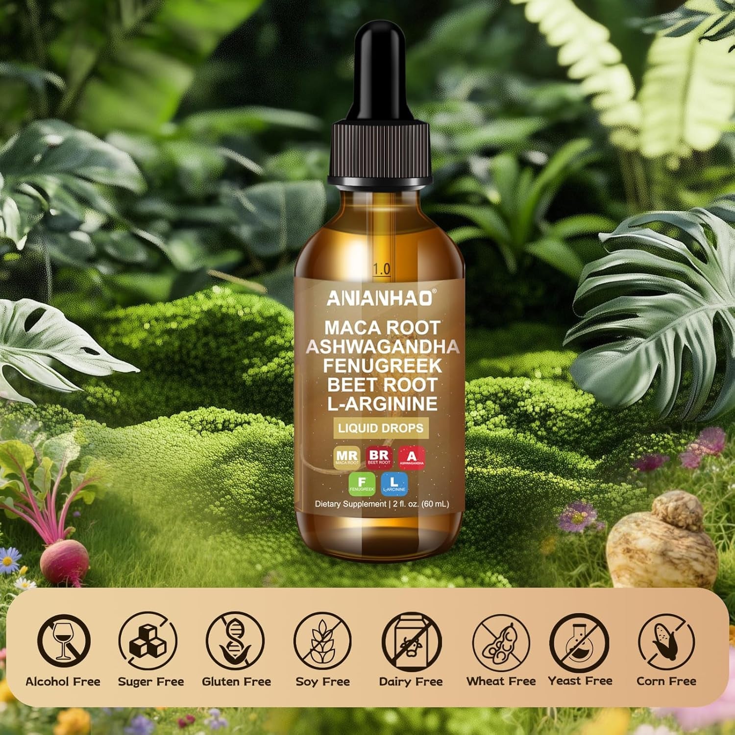 Maca Root Liquid Drops with with Ashwagandha, Fenugreek, Beet Root and L-Arginine - High Strength 60Ml Vegan for Energy Support for Women & Men - Support Mood, Energy & Fitness