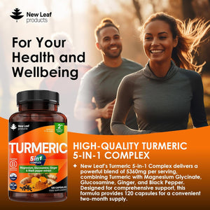 Turmeric 5-In-1 Complex - 5000Mg Turmeric Capsules High Strength Enriched with Magnesium & Glucosamine Sulphate - Added Ginger Capsules + Black Pepper, 95% Curcumin Supplement - Vegan Supplement
