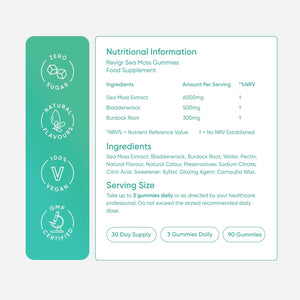 Revigr, Max 6000Mg, 90 Sea Moss Gummies, Added 500Mg Bladderwrack & 300Mg Burdock Root, Immune & Gut Support, Vegan & Sugar-Free, Green Apple Flavour (1 Month Supply)