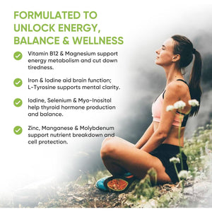 Thyroid Support Supplement - 60 Capsules - Includes Myo Inositol, L-Tyrosine, Iron, Magnesium, Zinc, Manganese, Selenium, Vitamin B12 - Contributes to the Reduction of Tiredness & Fatigue