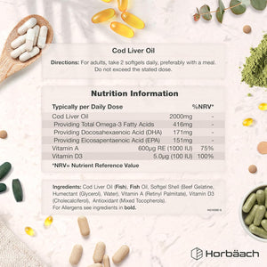 Cod Liver Oil Capsules High Strength | 2000Mg | 360 Count | with Omega 3, Vitamin D and a | with 171Mg of DHA and 151Mg of EPA | Rich in Omega 3 Fatty Acids | by Horbaach