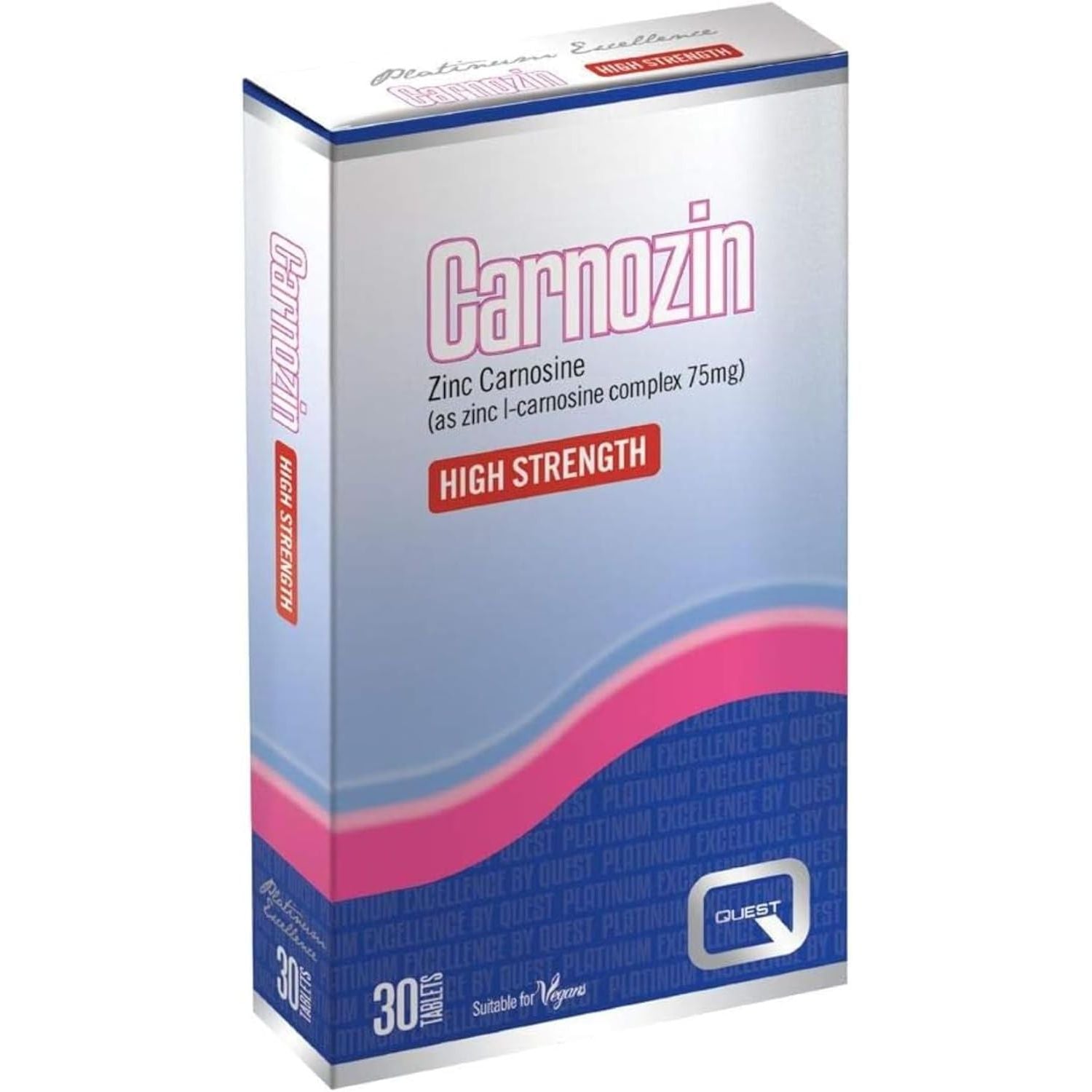 Quest Carnozin (Pack of 30) - Zinc Carnosine Complex Supplement for Gastro Protection & Healing (75Mg per Tablet). High Strength Anti-Inflammatory Tablets. Suitable for Vegans.