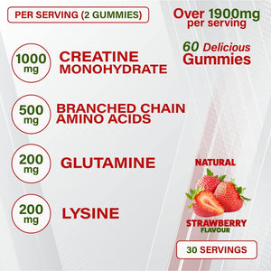 Muscleboost Gummies – Creatine, Bcaas, Glutamine & Lysine – Muscle Growth, Recovery & Endurance Support – Vegan, Sugar-Free, Strawberry Flavour – 60 Chewable Gummies for Adults