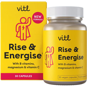 Vitl Rise & Energise Energy Boosting Supplement - 30 Vegan Capsules - with B Vitamins, Vitamin C & Korean Ginseng - Tiredness & Fatigue Fighting Minerals to Normalise Energy Metabolism