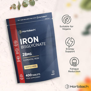Iron 28Mg | 400 Tablets, 6+ Months Supply | High Strength Ferrous Bisglycinate Form | Supplement for Men & Women | by Horbaach