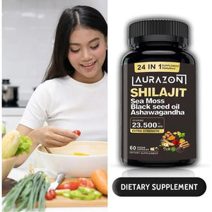 Aurazon Pure Himilayan Shilajit Enriched with Ashwagandha,Sea Moss,Black Seed Oil & Rhodiola Rosea, High Strength 23500 Mg Shilajit Complex Capsules with 2 Months Supply for Both Men and Women