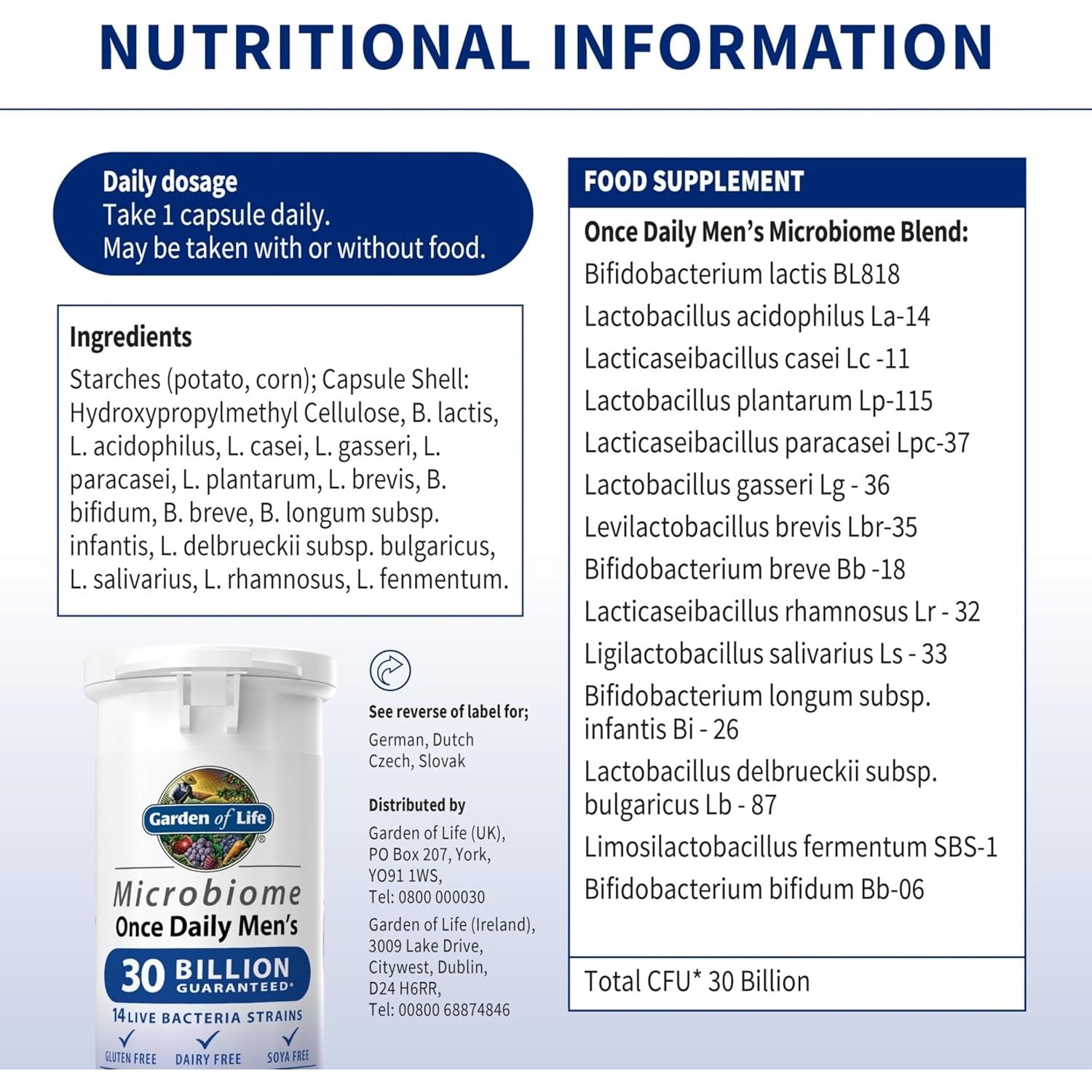 Garden of Life Microbiome Probiotics Once Daily Men’S Supplements | 30 Capsules Made in Italy | 30 Billion CFU 14 Strains | Gluten, Dairy & SOYA Free - Vegan