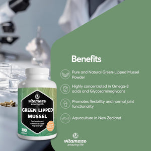 Green Lipped Mussel 1500Mg- Omega 3 & Glycosaminoglycanes- 300 Capsules Pure New Zealand Green Lipped Mussel Powder - Supplement for Cartilage and Joints - German Quality