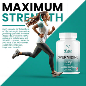 Vinco Spermidine Supplement - 10Mg X 120 High Strength Spermidine Capsules - 99% Purity - Supports Healthy Ageing & Longevity - Non GMO & Gluten Free - Made in the UK