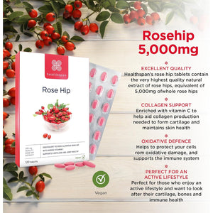 Healthspan Rose Hip 5,000Mg (120 Tablets) | Supports Joints & Immune Health | Helps Maintain Healthy & Flexible Joints | Added Vitamin C | High in Flavonoids & Polyphenols | Vegan