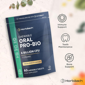 Oral Probio for Mouth 6 Billion CFU | Advanced Dental Biotics for Adults | 7 Strains Including Lactobacillus Reuteri | 60 Vegan Chewable Tablets | Mint Flavour | by Horbaach