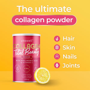 Vitawell Collagen Total Beauty Powder Supplement for Women | 8,000Mg Hydrolysed Collagen Peptides Powder with Vitamin C + Magnesium + Hyaluronic Acid | Non-Gmo 200G (Lemon Flavour)