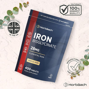 Iron 28Mg | 400 Tablets, 6+ Months Supply | High Strength Ferrous Bisglycinate Form | Supplement for Men & Women | by Horbaach