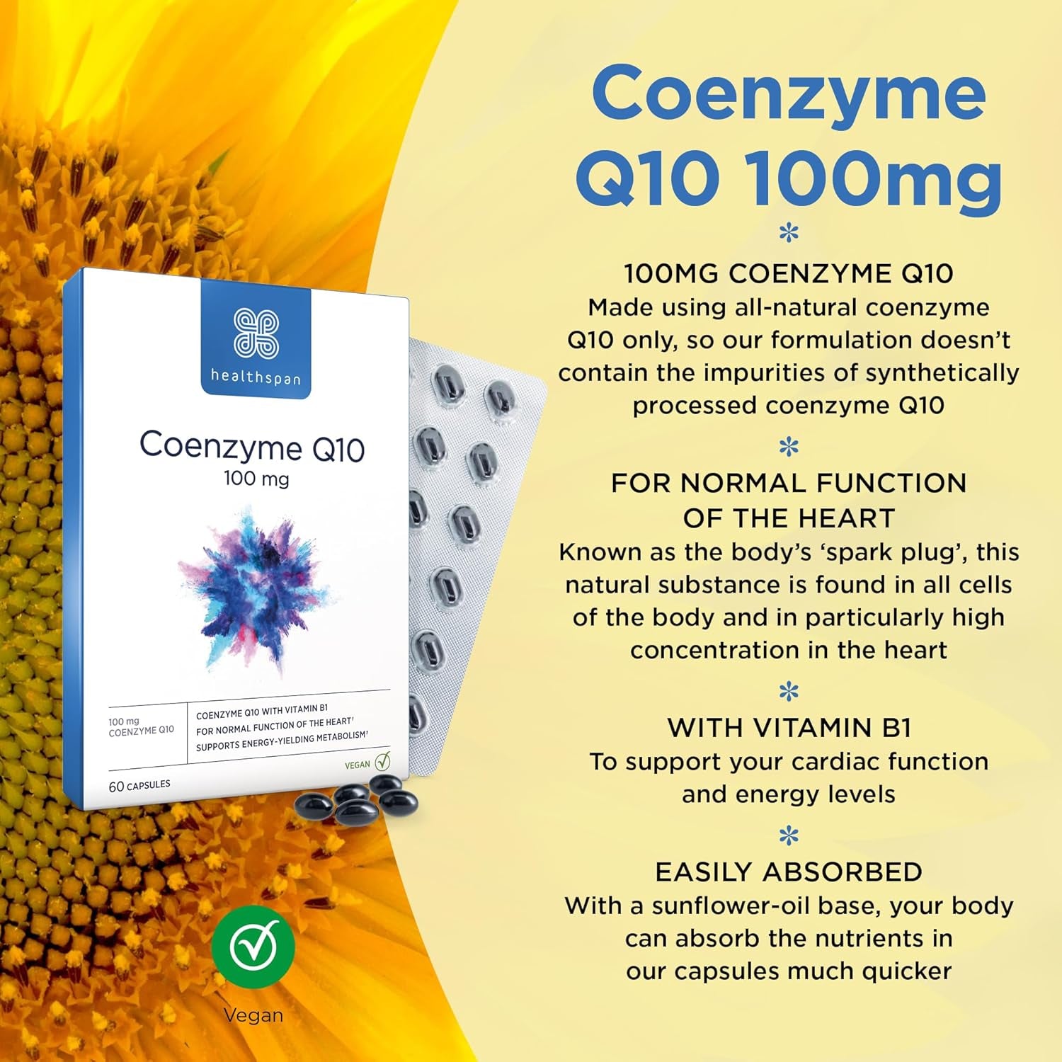 Healthspan Coenzyme Q10 100Mg | 60 Capsules | Supports Heart Health & Energy Metabolism | Added Vitamin B1 | All Natural Coq10 Fermented for Optimum Purity | Sunflower Oil Base | Vegan