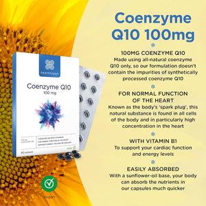 Healthspan Coenzyme Q10 100Mg | 60 Capsules | Supports Heart Health & Energy Metabolism | Added Vitamin B1 | All Natural Coq10 Fermented for Optimum Purity | Sunflower Oil Base | Vegan