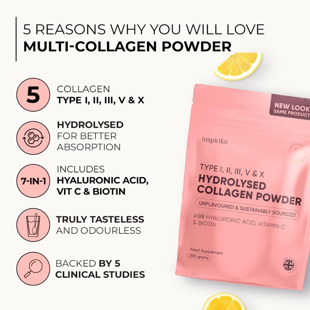 Multi Collagen Powder for Women - 10,000Mg Type I, II, III, V & X Hydrolyzed Collagen Supplements for Women with Hyaluronic Acid, Vitamin C & Biotin for Skin, Hair, Nails & Joints, 30 Servings